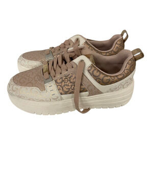 Guess Platform Sneakers Womens 8.5M Brown Beige Logo Print Lace Up Casual Shoes